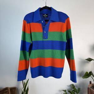Vintage Demetre Men's Pure Virgin Wool Colorblock Striped Collared Ski Sweater L